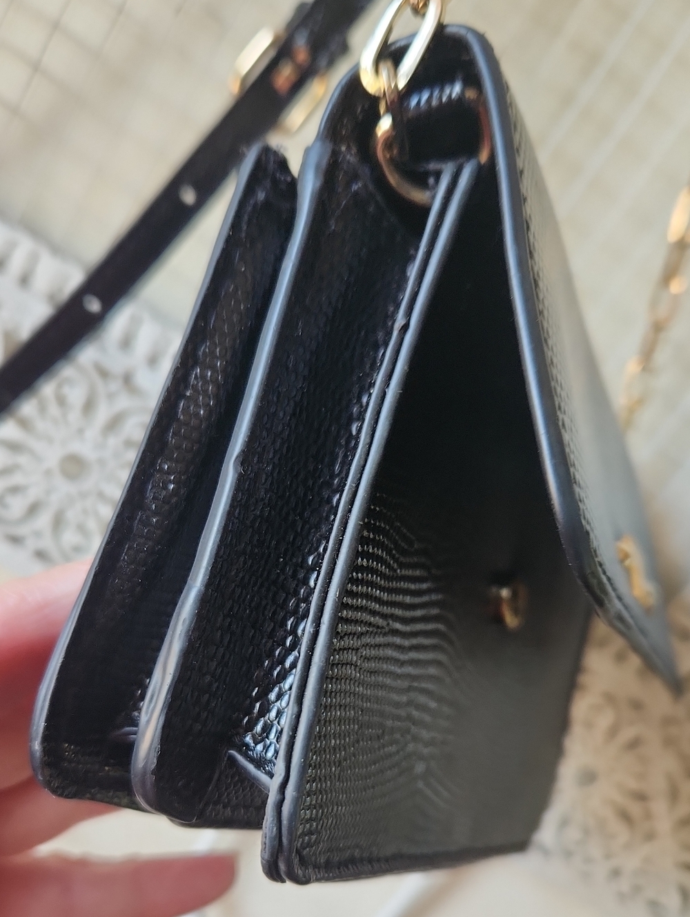 Anne Klein Faux Snakeskin Black Gold Small Chain Crossbody Bag - Picture 5 of 13